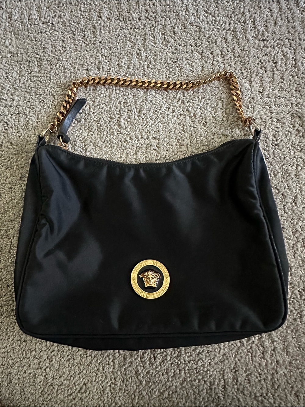 Versace Black Nylon Shoulder Bag with Gold Chain